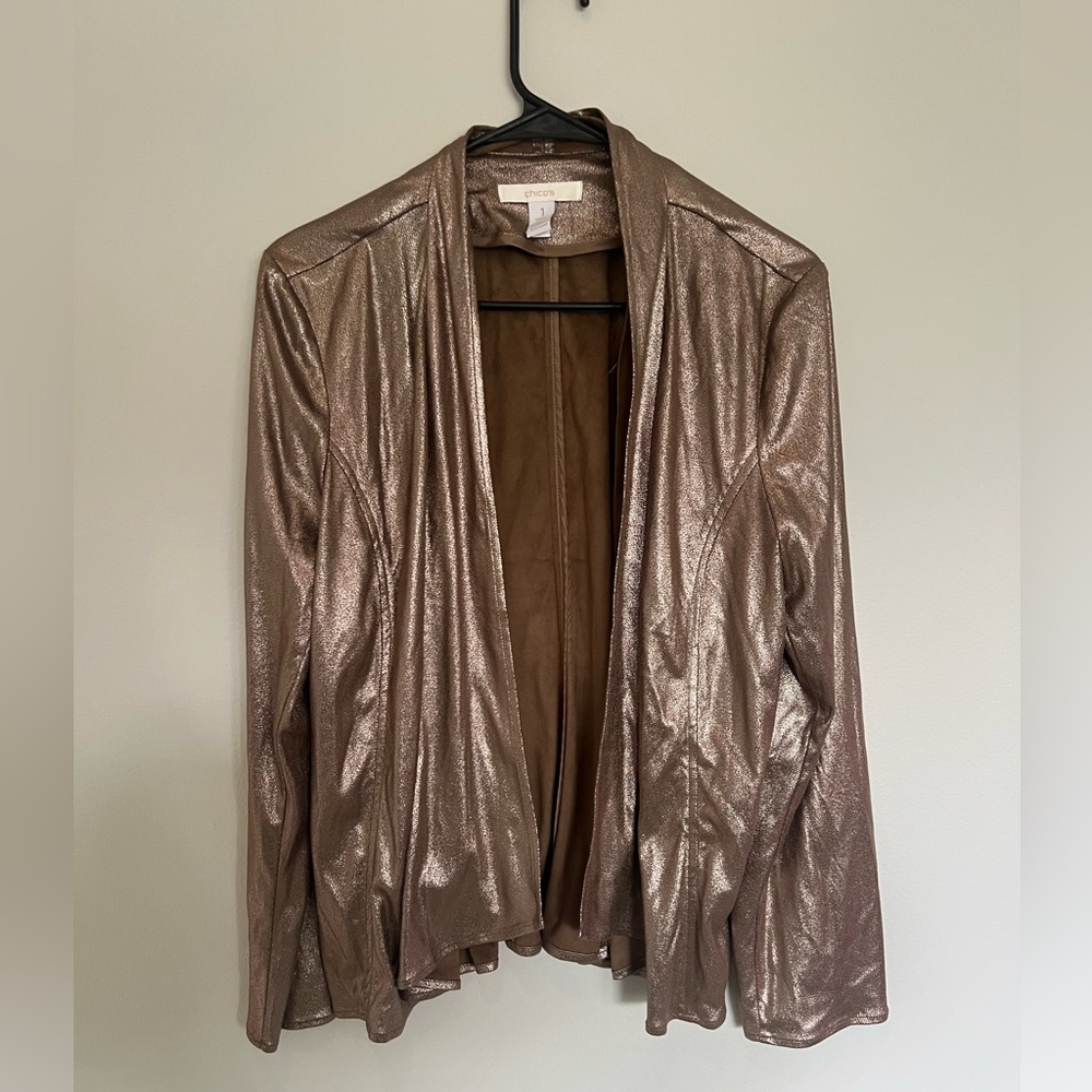 Chico’s Metallic Jacket Size 1 Bronze Shimmer Open Front Blazer Lightweight